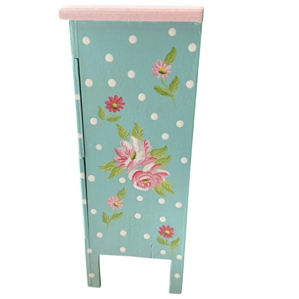 Vintage 90s Hand‎ Painted Wood Jewelry Box Teal Pink Floral Mini Dresser 9 x 7.5